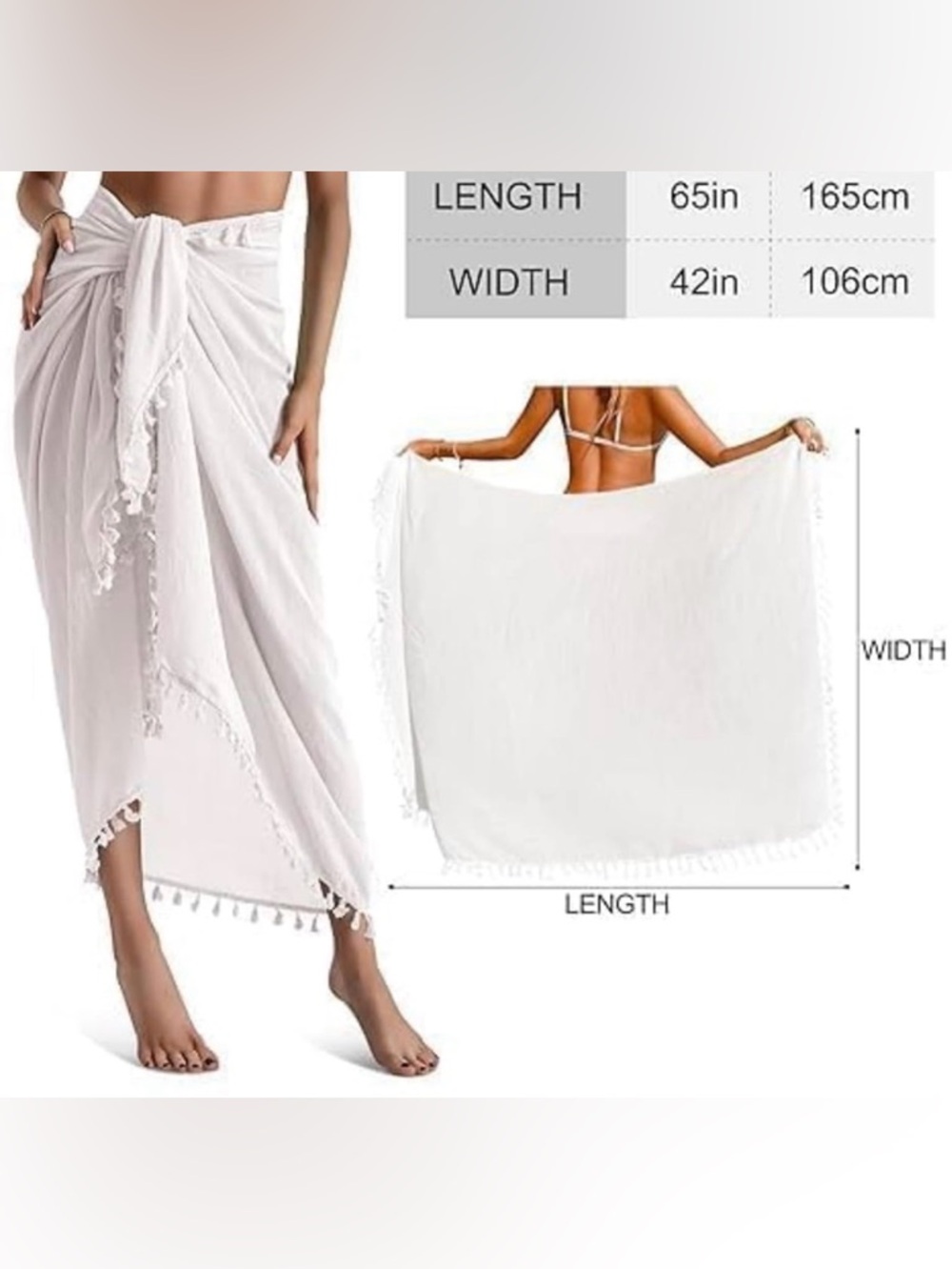 White Tassel Sarong Cover Up Multi Way Wrap Skirt Dress Beach Resort | Size O/S - Picture 11 of 11
